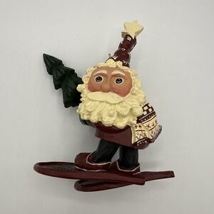 Christmas Santa Figurine Ornament Carved Resin Snowshoes Rare Acorn Stamp